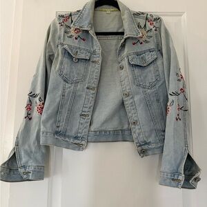 Gianni Bini Light Blue Denim Jacket with Red Floral Embroidery